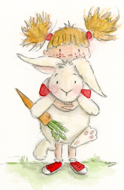 La bambina ritratta insieme al coniglio Rosicchione. Illustrazione di Noemi Drogo. 